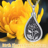 Sterling Silver Personalized Engraved Teardrop Birth Flower Urn Necklace for Ashes