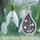 Sterling Silver Personalized Engraved Teardrop Birth Flower Urn Necklace for Ashes