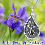 Sterling Silver Personalized Engraved Teardrop Birth Flower Urn Necklace for Ashes