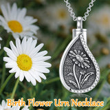 Sterling Silver Personalized Engraved Teardrop Birth Flower Urn Necklace for Ashes