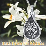 Sterling Silver Personalized Engraved Teardrop Birth Flower Urn Necklace for Ashes