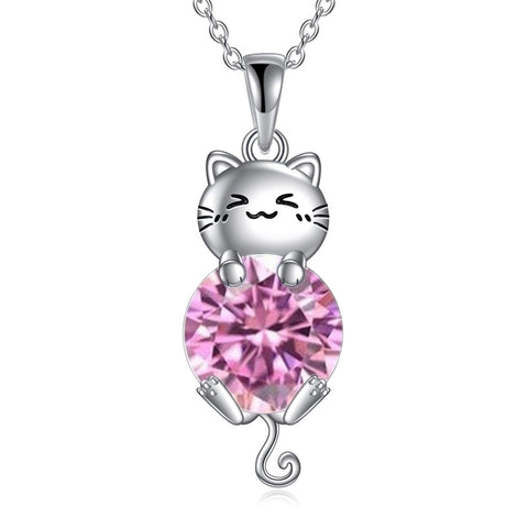 Silver Cat 12 Month Birthstone Pendant Necklace