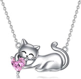 Cat Necklace with Birthstone 925 Sterling Silver Cat Pendant Necklace Gift for Women