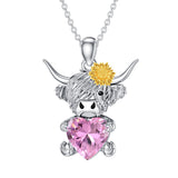 Sterling Silver Heart Birthstone Highland Cow Pendant Necklace