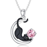 Sterling Silver Birthstone Moon Black Cat Pendant Necklace