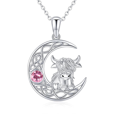 Sterling Silver 12 Months Birthstone Highland Cow Pendant Necklace