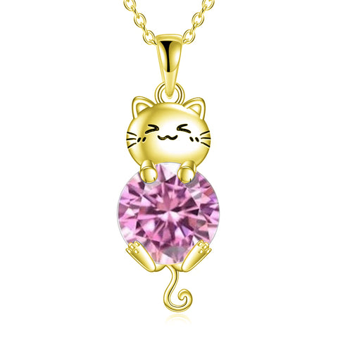 Silver Cat 12 Month Birthstone Pendant Necklace