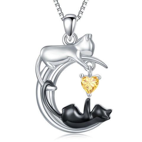 Silver Cat 12 Month Birthstone Pendant Necklace