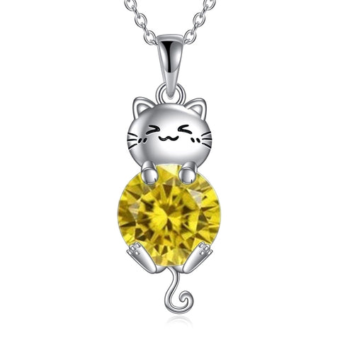 Silver Cat 12 Month Birthstone Pendant Necklace