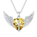 Sterling Silver Birthstone Angel Wings&Cross Pendant Necklace