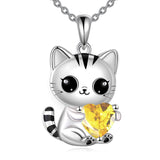 Silver Cat 12 Month Birthstone Pendant Necklace