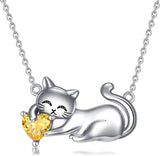 Cat Necklace with Birthstone 925 Sterling Silver Cat Pendant Necklace Gift for Women