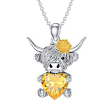 Sterling Silver Heart Birthstone Highland Cow Pendant Necklace