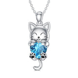 Sterling Silver Heart Birthstone Cat Pendant Necklace