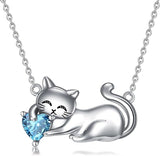 Cat Necklace with Birthstone 925 Sterling Silver Cat Pendant Necklace Gift for Women