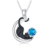 Sterling Silver Birthstone Moon Black Cat Pendant Necklace