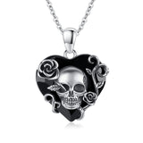 Sterling Silver Heart Crystal Shaped Rose & Skull  Pendant Necklace