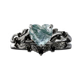 Sterling Silver Heart Moss Agate Set Engagement Wedding Ring