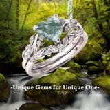 925 Silver Natural Moss Agate Ring Set Leaf Moss Agate Engagement Ring Set Vintage Bridal Wedding Ring