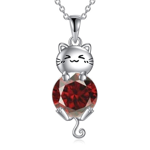 Silver Cat 12 Month Birthstone Pendant Necklace