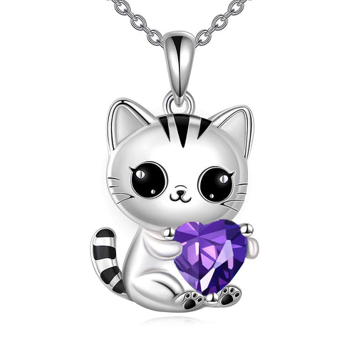 Silver Cat 12 Month Birthstone Pendant Necklace