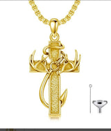Fish Hook Cremation Necklace 925 Sterling Silver Deer Antler Cross Memorial Jewelry Cross Keepsake Gifts for Men Father Husband