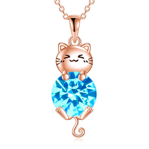 Silver Cat 12 Month Birthstone Pendant Necklace