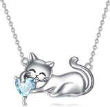 Cat Necklace with Birthstone 925 Sterling Silver Cat Pendant Necklace Gift for Women