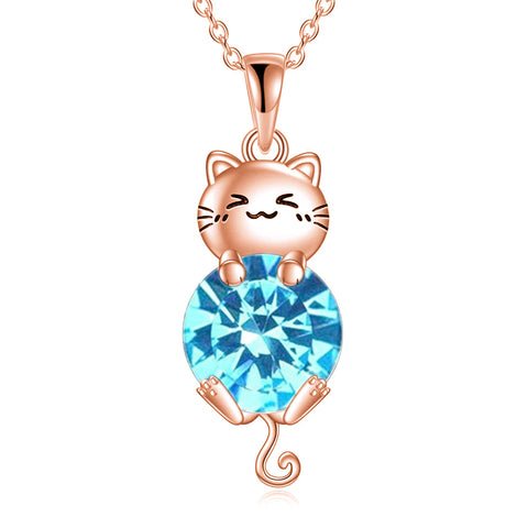 Silver Cat 12 Month Birthstone Pendant Necklace