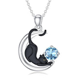 Sterling Silver Birthstone Moon Black Cat Pendant Necklace