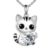 Silver Cat 12 Month Birthstone Pendant Necklace