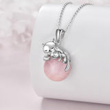 Sterling Silver Moonstone Pearl Rose Quartz Crystal Cat Pendant Necklace