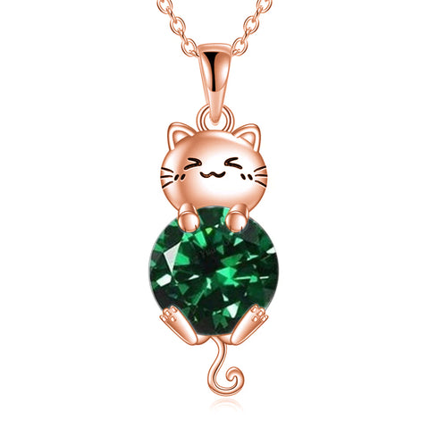 Silver Cat 12 Month Birthstone Pendant Necklace