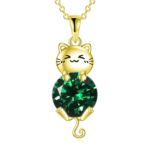 Silver Cat 12 Month Birthstone Pendant Necklace