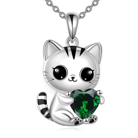 Silver Cat 12 Month Birthstone Pendant Necklace