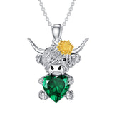 Sterling Silver Heart Birthstone Highland Cow Pendant Necklace