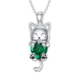 Sterling Silver Heart Birthstone Cat Pendant Necklace