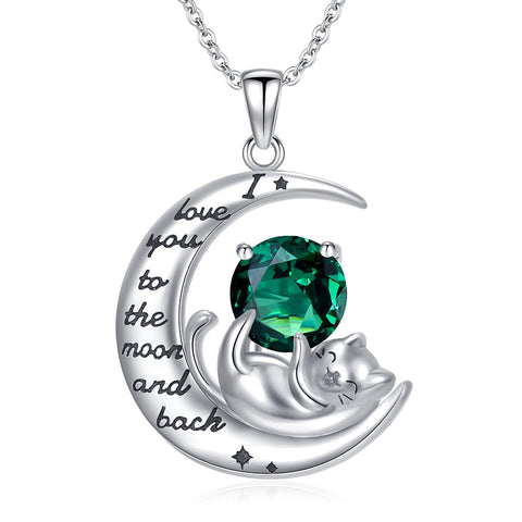 Silver Cat 12 Month Birthstone Pendant Necklace