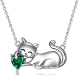 Cat Necklace with Birthstone 925 Sterling Silver Cat Pendant Necklace Gift for Women