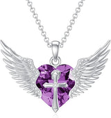 Sterling Silver Birthstone Angel Wings&Cross Pendant Necklace