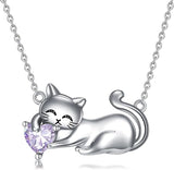 Cat Necklace with Birthstone 925 Sterling Silver Cat Pendant Necklace Gift for Women