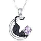 Sterling Silver Birthstone Moon Black Cat Pendant Necklace