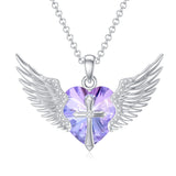 Sterling Silver Birthstone Angel Wings&Cross Pendant Necklace