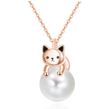 Sterling Silver Moonstone Pearl Rose Quartz Crystal Cat Pendant Necklace