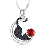 Sterling Silver Birthstone Moon Black Cat Pendant Necklace