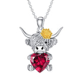 Sterling Silver Heart Birthstone Highland Cow Pendant Necklace