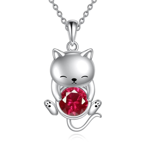 Silver Cat 12 Month Birthstone Pendant Necklace