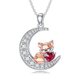 Sterling Silver  Birthstone Fox Moon Pendant Necklace