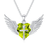 Sterling Silver Birthstone Angel Wings&Cross Pendant Necklace