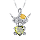 Sterling Silver Heart Birthstone Highland Cow Pendant Necklace